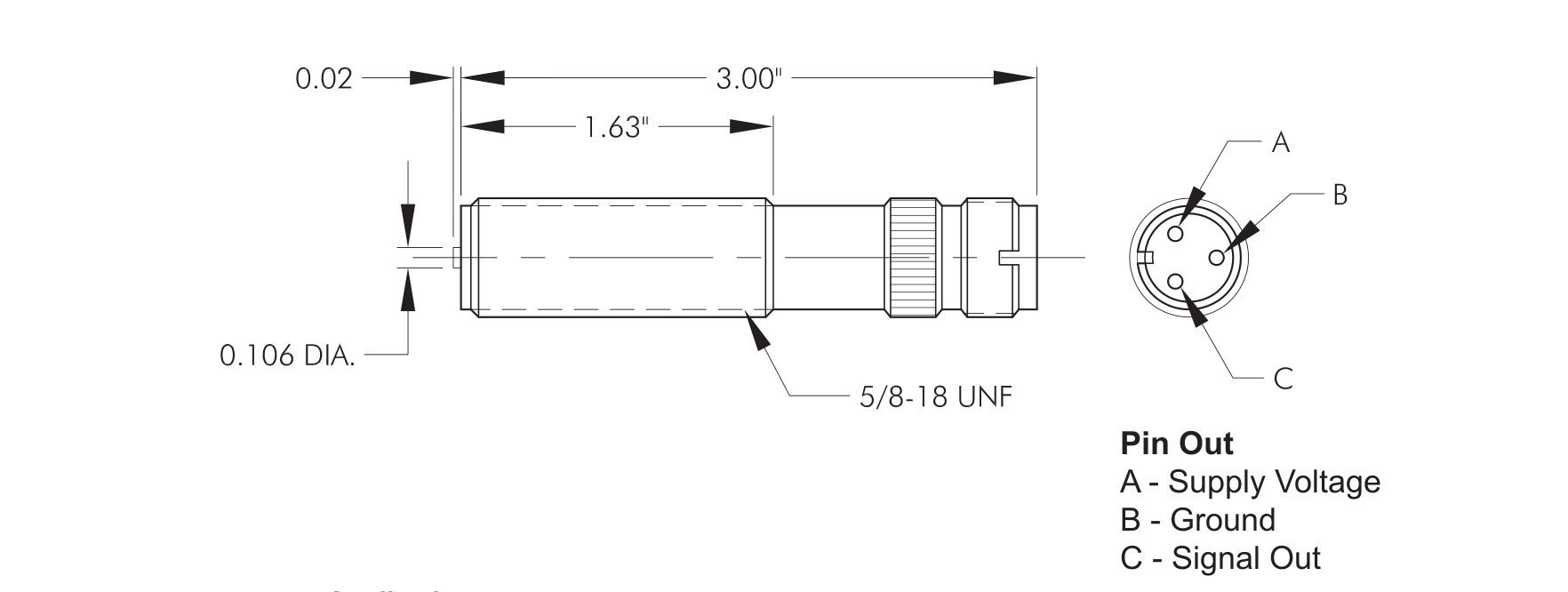 4-5015U Amplified Magnetic Pickup Technical Drawing with Dimensions